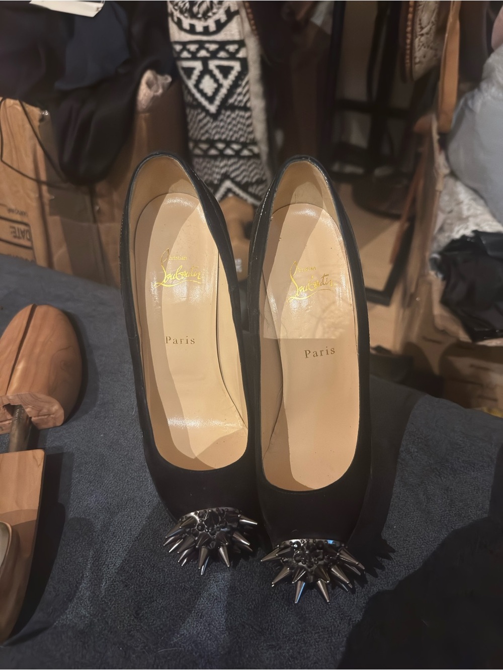 Christian Louboutin Black Spike-Toe Satin Pumps